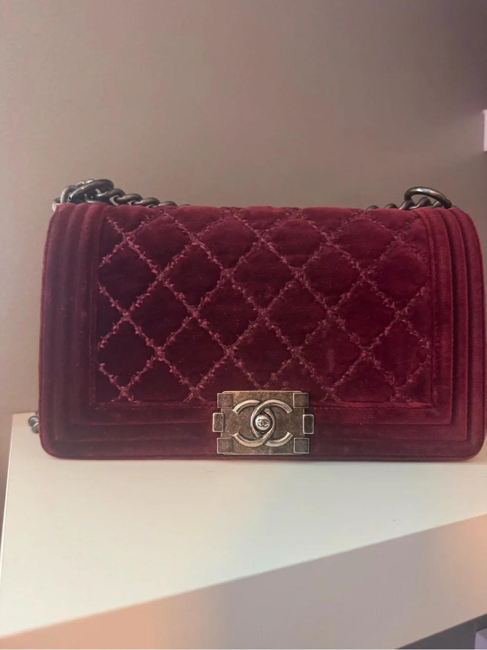 Chanel Velvet Tweed Quilted Medium Boy Flap Burgundy